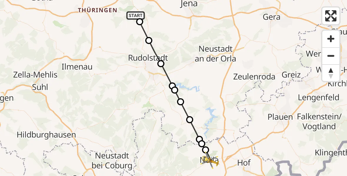 Flugroute Ambulanzhubschrauber Bad Berka - Naila, 18 September 2026, 12:30