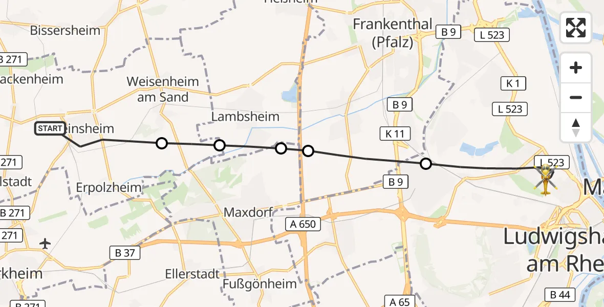Flugroute Rettungshubschrauber Freinsheim - Ludwigshafen am Rhein, 18 September 2026, 12:30