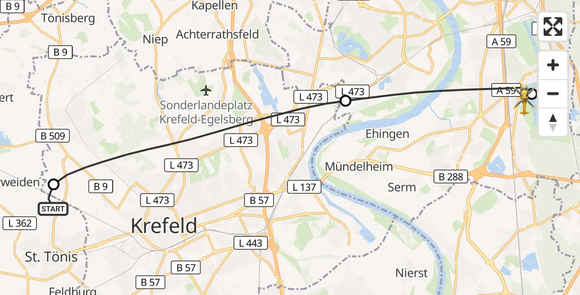 Flugroute Rettungshubschrauber Tönisvorst - Duisburg Air Rescue Hubschrauberlandeplatz (Christoph 9), 18 September 2026, 12:35