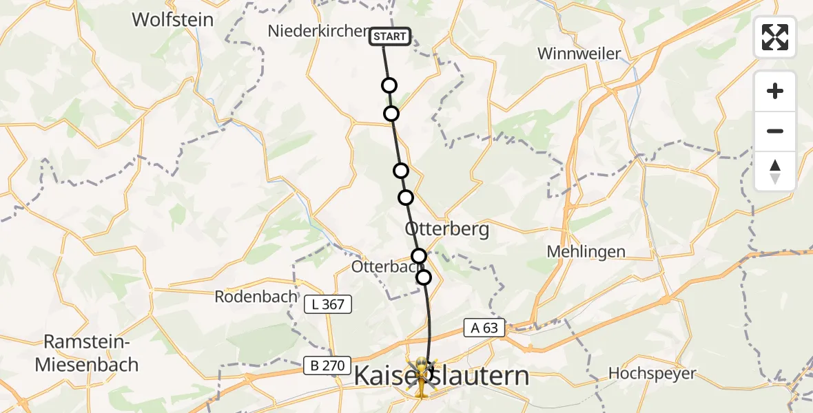Flugroute Rettungshubschrauber Niederkirchen - Westpfalz Hospital Kaiserslautern, 18 September 2026, 12:36