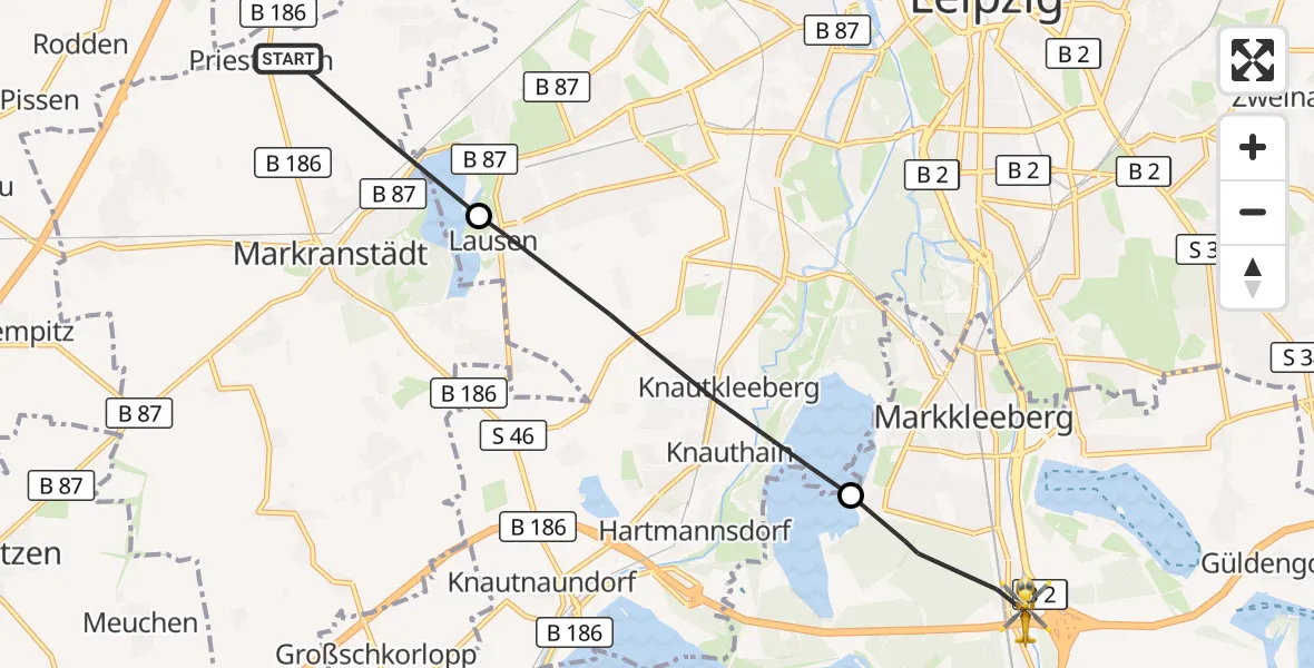 Flugroute Rettungshubschrauber Markranstädt - Markkleeberg, 18 September 2026, 12:43