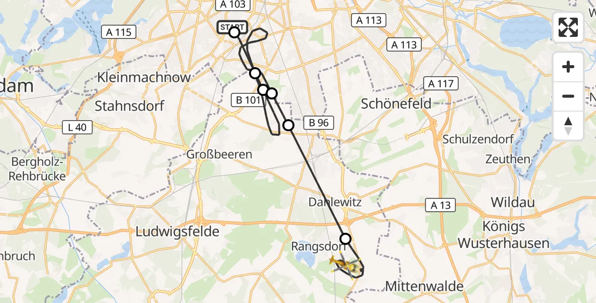 Flugroute Rettungshubschrauber Charité Clinic Benjamin Franklin Campus - Rangsdorf, 18 September 2026, 12:57