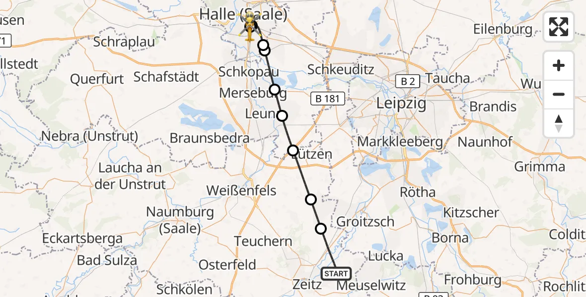 Flugroute Rettungshubschrauber Elsteraue - BG Hospital Bergmannstrost Halle, 18 September 2026, 13:00