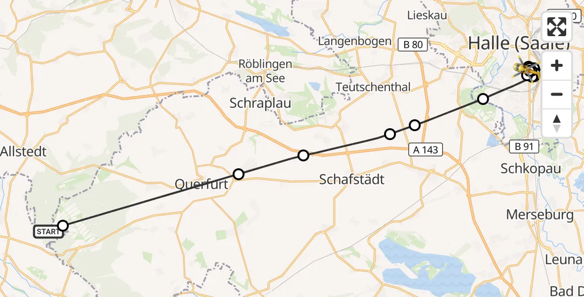 Flugroute Rettungshubschrauber Allstedt - BG Hospital Bergmannstrost Halle Hubschrauberlandeplatz, 18 September 2026, 13:05