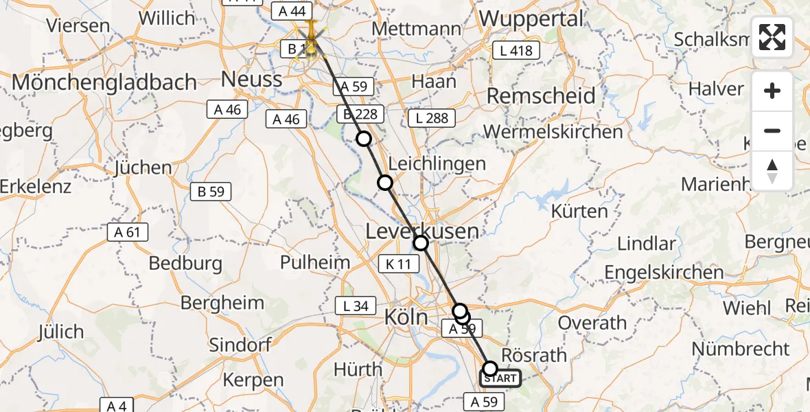 Flugroute Rettungshubschrauber Köln Bonn Flughafen - Düsseldorf, 18 September 2026, 13:05