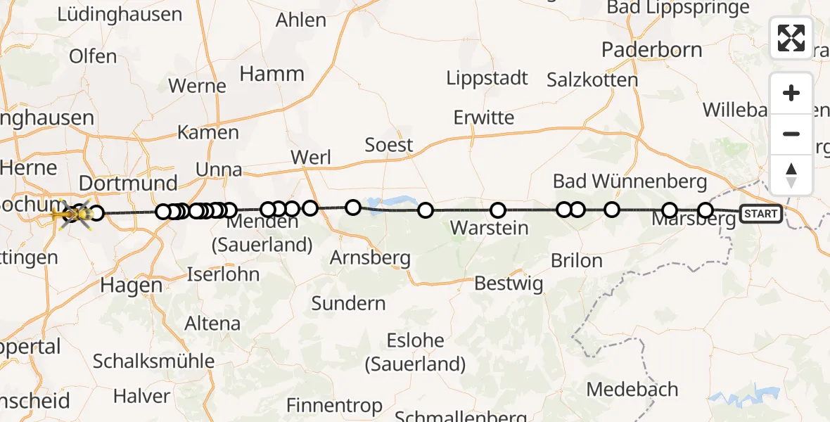 Flugroute Rettungshubschrauber Diemelstadt - Bochum University Miners' Hospital, 18 September 2026, 13:07