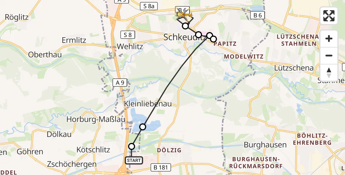 Flugroute Rettungshubschrauber ADAC Air Rescue Station Leipzig/Schkeuditz-Dölzig Hubschrauberlandeplatz (Christoph 61) - Schkeuditz, 18 September 2026, 13:08
