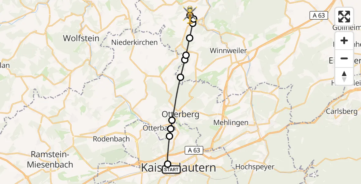 Flugroute Rettungshubschrauber Westpfalz Hospital Kaiserslautern - Rockenhausen, 18 September 2026, 13:16