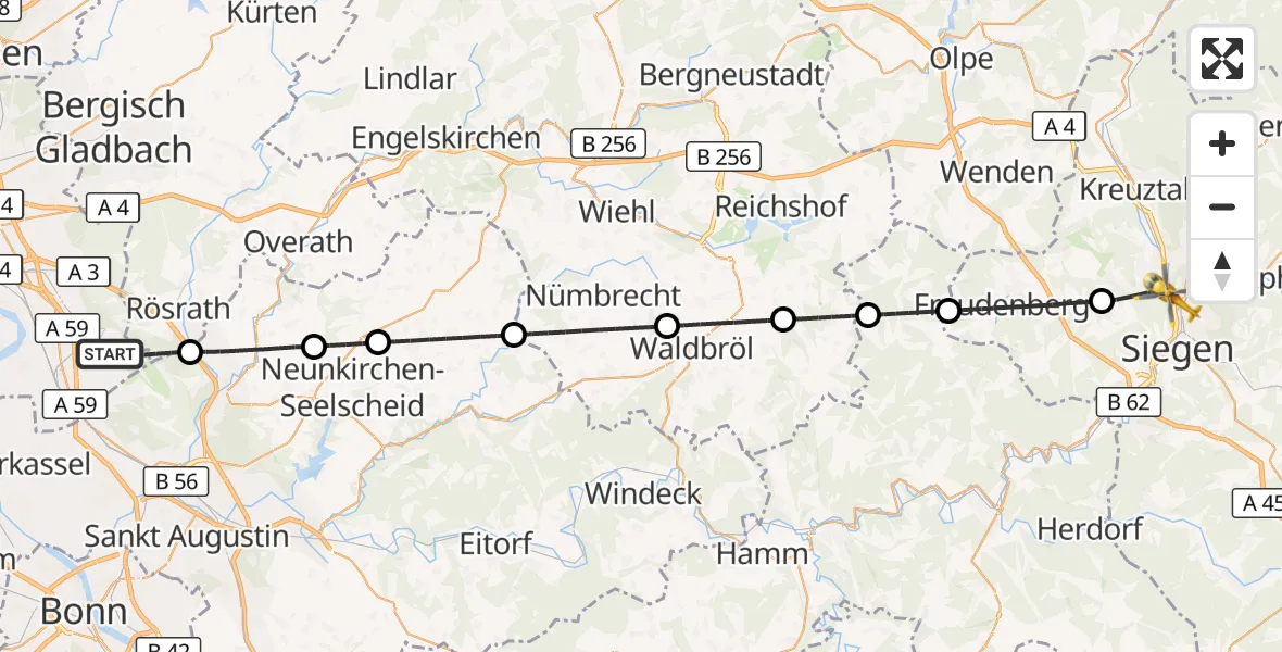 Flugroute Ambulanzhubschrauber Köln Bonn Flughafen - Siegen, 18 September 2026, 13:22