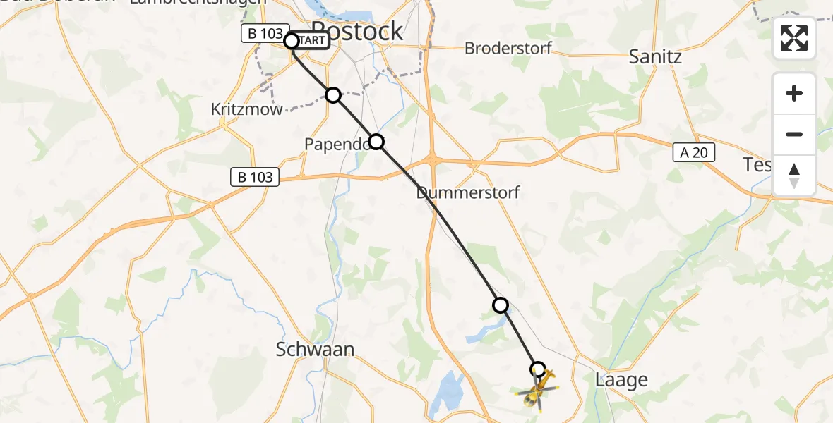 Flugroute Rettungshubschrauber Rostock University Hubschrauberlandeplatz - Flughafen Rostock-Laage, 18 September 2026, 13:23