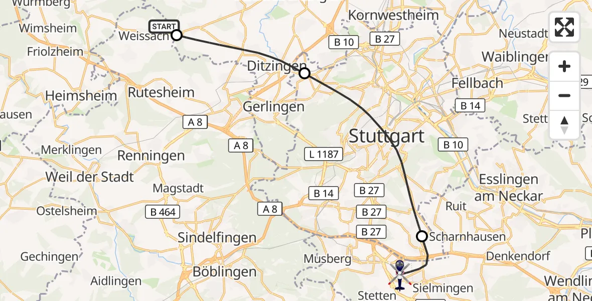 Flugroute Polizeihubschrauber Weissach - Flughafen Stuttgart, 18 September 2026, 13:24