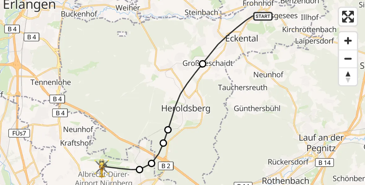 Flugroute Ambulanzhubschrauber Eckental - Flughafen Nuremberg, 18 September 2026, 13:28