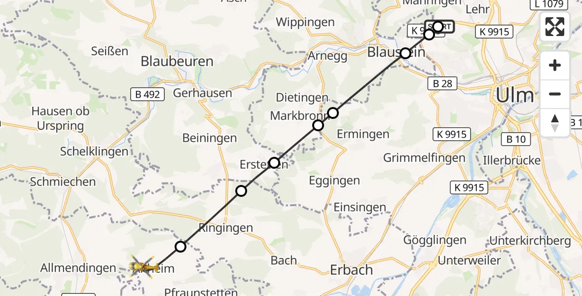 Flugroute Rettungshubschrauber Ulm Military Hospital Emergency - Altheim, 18 September 2026, 13:32