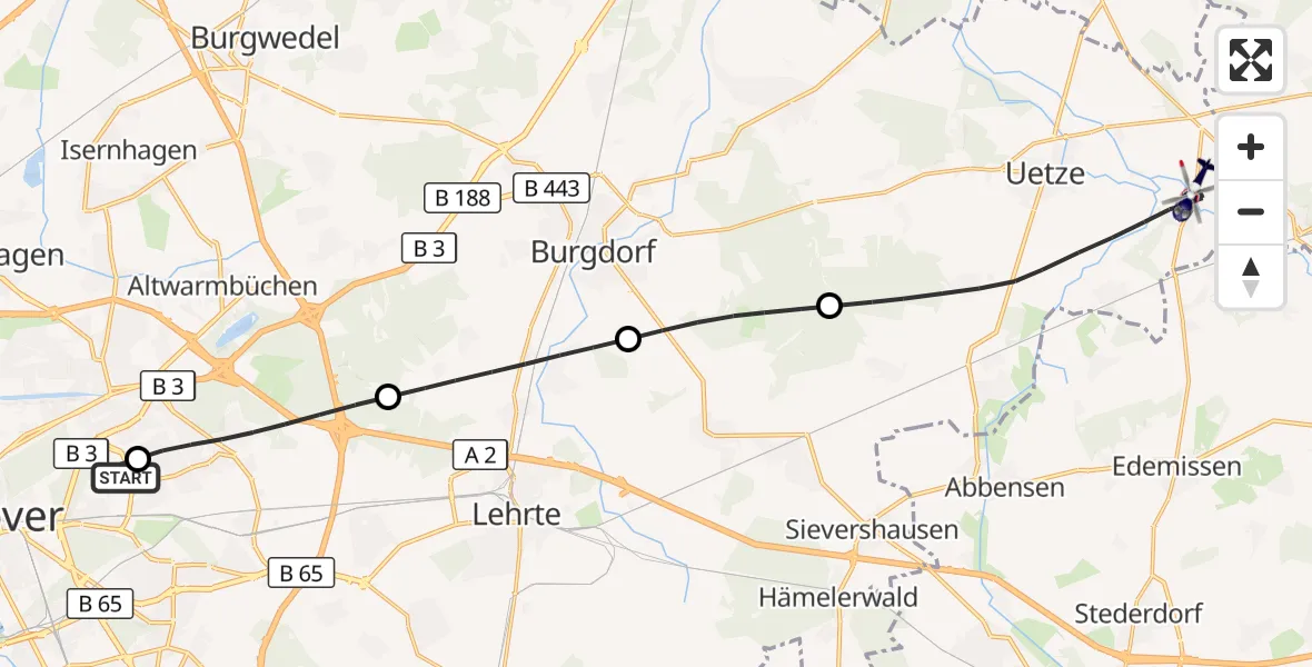 Flugroute Polizeihubschrauber Hannover Luftrettung Hubschrauberlandeplatz (Christoph 4) - Uetze, 18 September 2026, 13:50