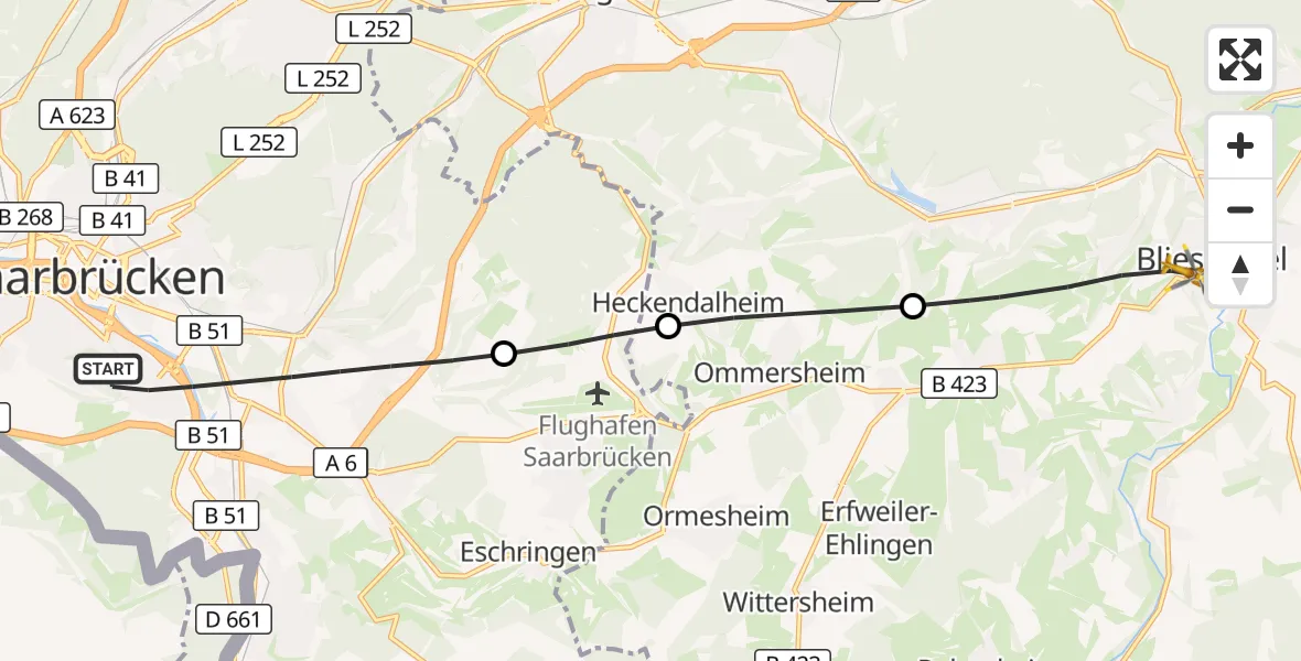 Flugroute Rettungshubschrauber Saarbrücken - Blieskastel, 18 September 2026, 13:51
