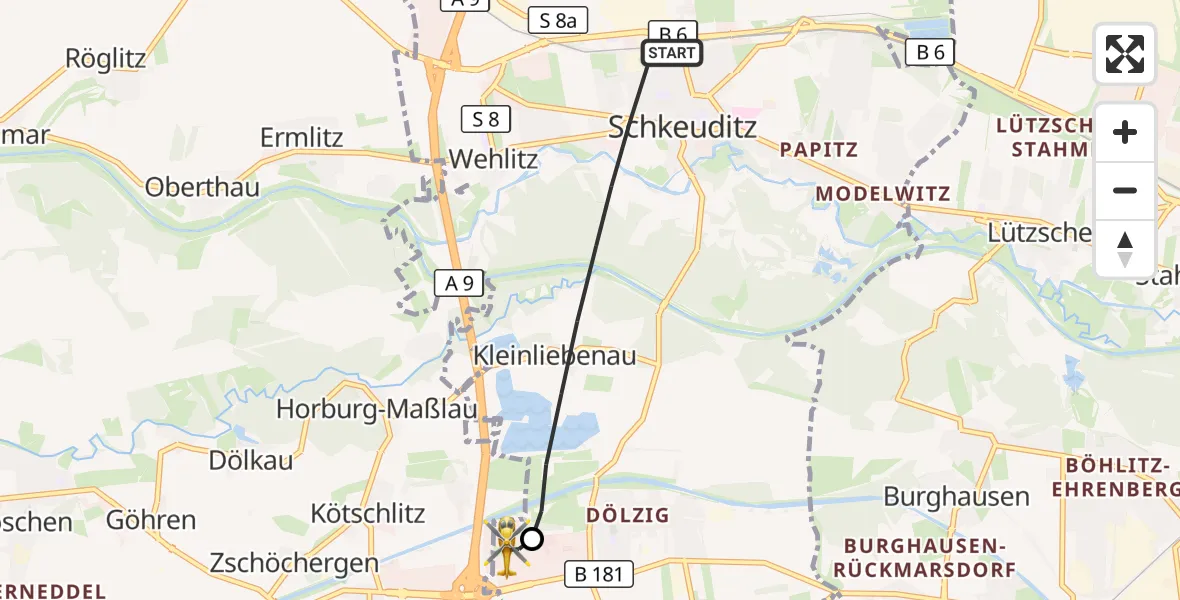 Flugroute Rettungshubschrauber Schkeuditz - ADAC Air Rescue Station Leipzig/Schkeuditz-Dölzig Hubschrauberlandeplatz (Christoph 61), 18 September 2026, 13:55