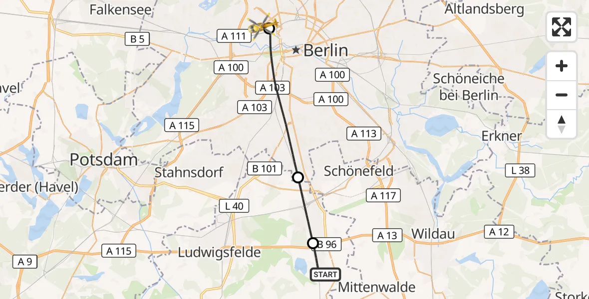 Flugroute Rettungshubschrauber Rangsdorf - Charité Clinic Virchow Campus Hubschrauberlandeplatz, 18 September 2026, 14:00