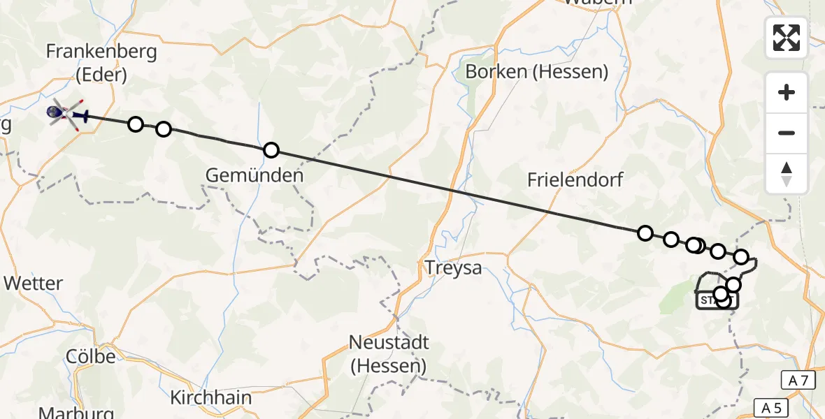 Flugroute Polizeihubschrauber Schwarzenborn - Burgwald, 18 September 2026, 14:05
