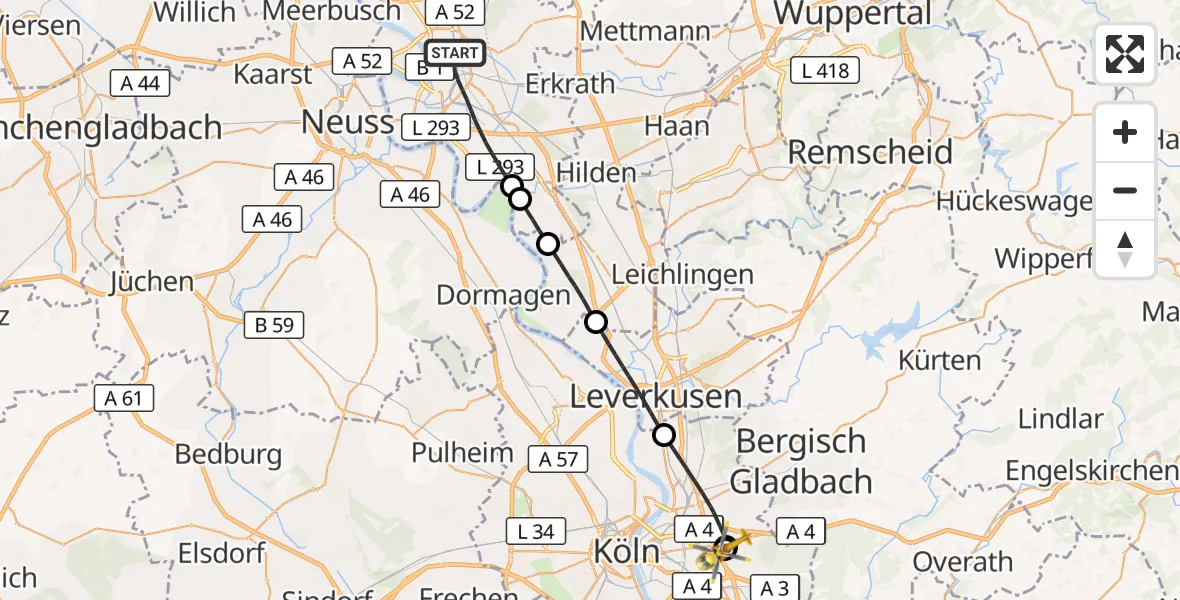 Flugroute Rettungshubschrauber Düsseldorf - Merheim Hospital, 18 September 2026, 14:05