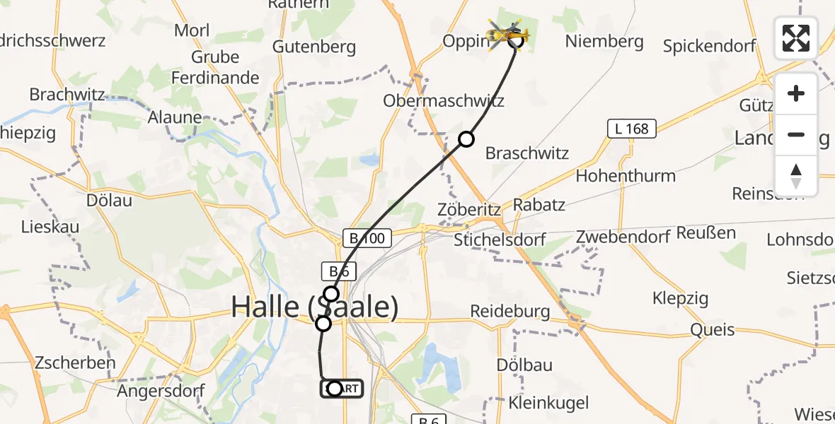 Flugroute Rettungshubschrauber BG Hospital Bergmannstrost Halle - Halle-Oppin Flugplatz, 18 September 2026, 14:08