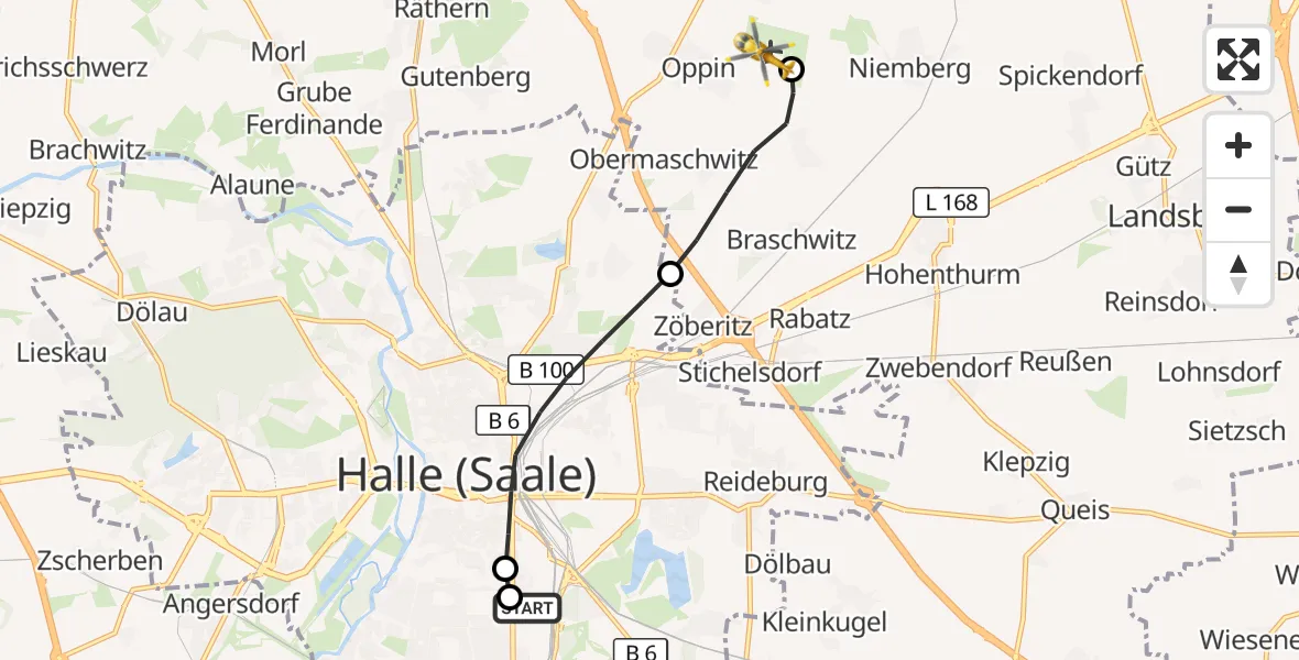 Flugroute Rettungshubschrauber BG Hospital Bergmannstrost Halle - Halle-Oppin Flugplatz, 18 September 2026, 14:08