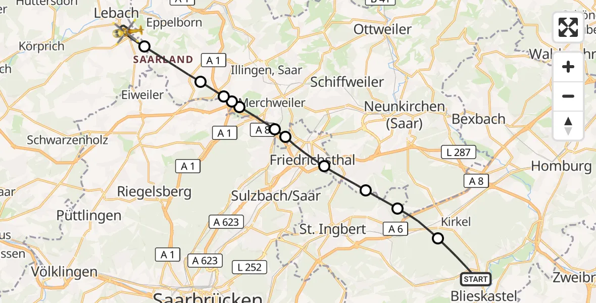 Flugroute Rettungshubschrauber Blieskastel - Lebach, 18 September 2026, 14:19
