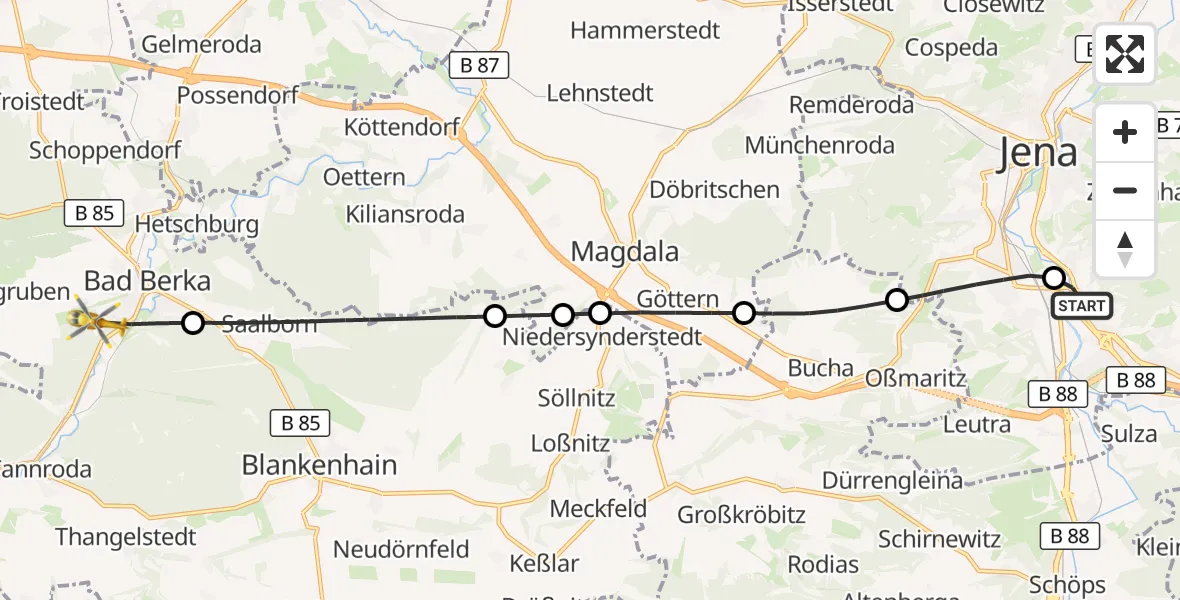 Flugroute Ambulanzhubschrauber Lobeda Hubschrauberlandeplatz - Bad Berka Central Hospital, 18 September 2026, 14:23