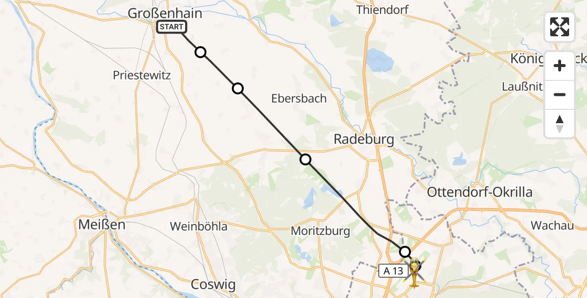Flugroute Rettungshubschrauber Großenhain - Dresden Bundespolizei Hubschrauberlandeplatz, 18 September 2026, 14:25