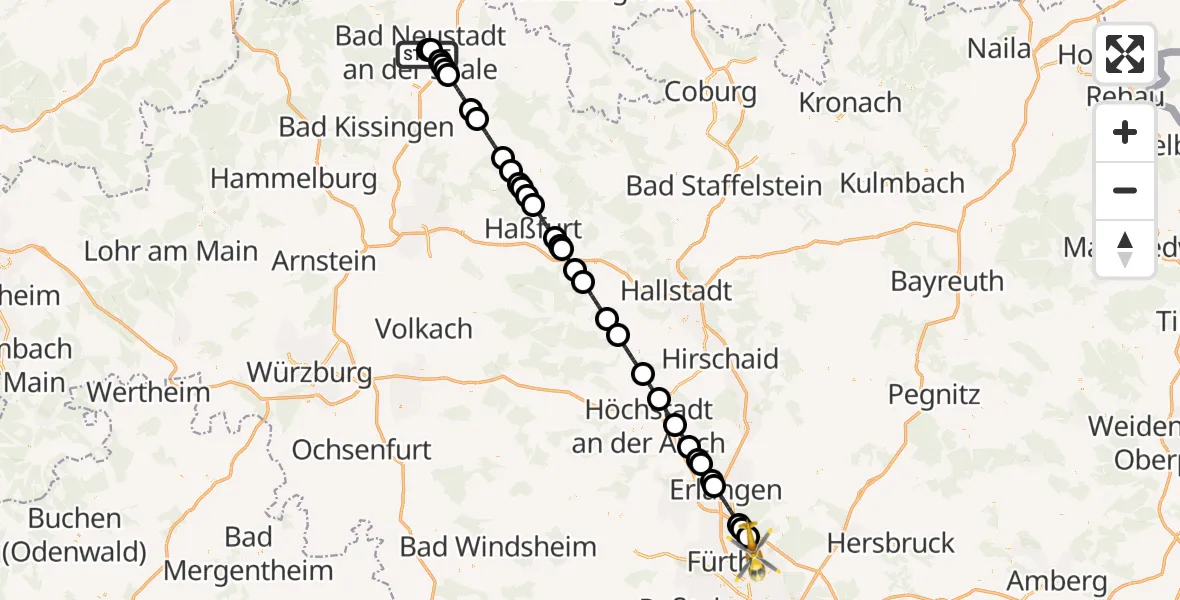 Flugroute Rettungshubschrauber Bad Neustadt an der Saale Hospital - Flughafen Nuremberg, 18 September 2026, 14:32