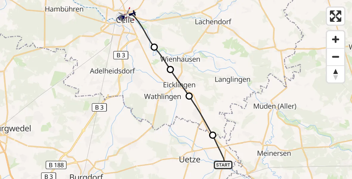 Flugroute Polizeihubschrauber Uetze - Celle, 18 September 2026, 14:34
