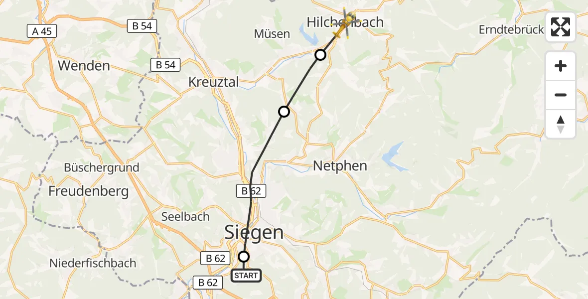 Flugroute Rettungshubschrauber Evangelisches Jung-Stilling Hospital - Hilchenbach, 18 September 2026, 14:42