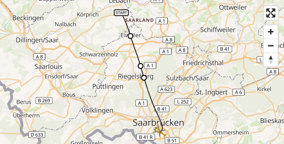 Flugroute Rettungshubschrauber Lebach - Saarbrücken, 18 September 2026, 14:51