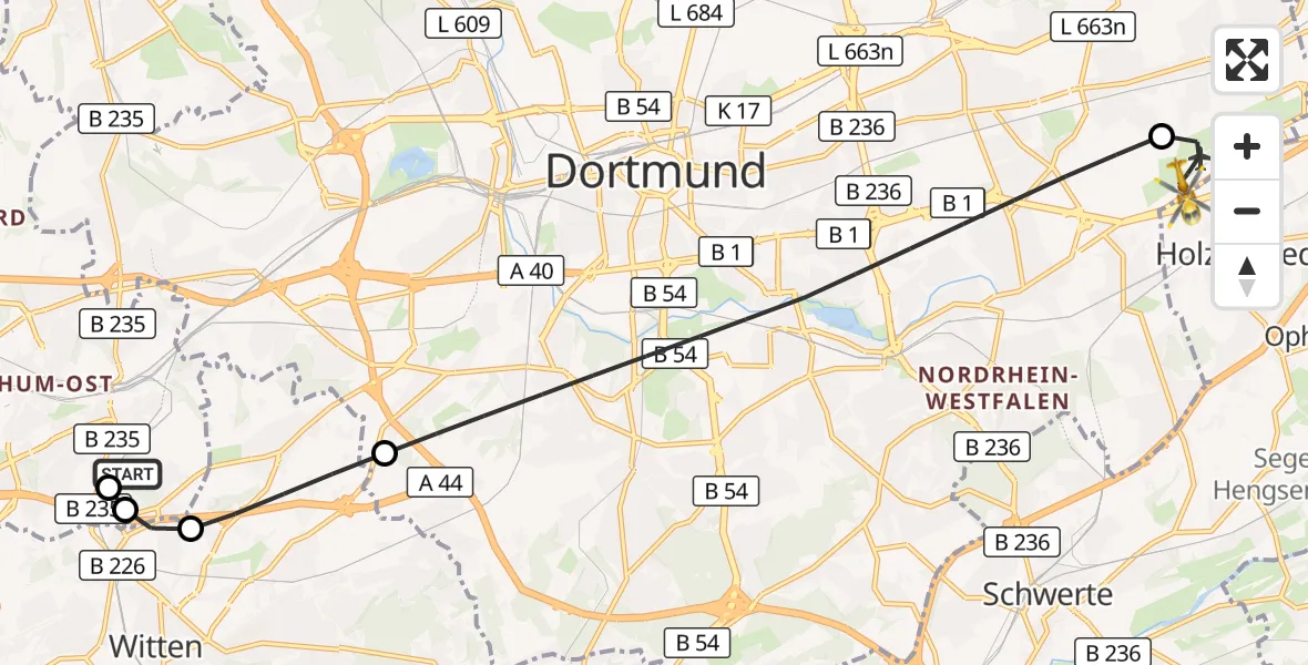 Flugroute Rettungshubschrauber Bochum University Miners' Hospital - Dortmund Flughafen, 18 September 2026, 14:53