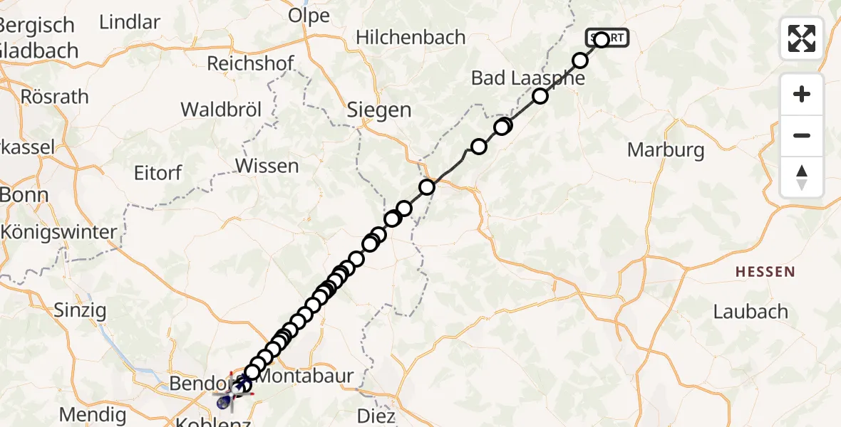 Flugroute Polizeihubschrauber Battenberg (Eder) - Vallendar, 18 September 2026, 14:53