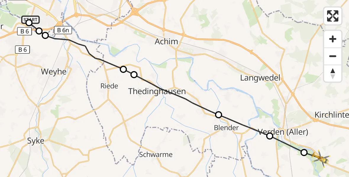 Flugroute Rettungshubschrauber ADAC Air Rescue Station Bremen Hubschrauberlandeplatz (Christoph 6) - Kirchlinteln, 18 September 2026, 14:54