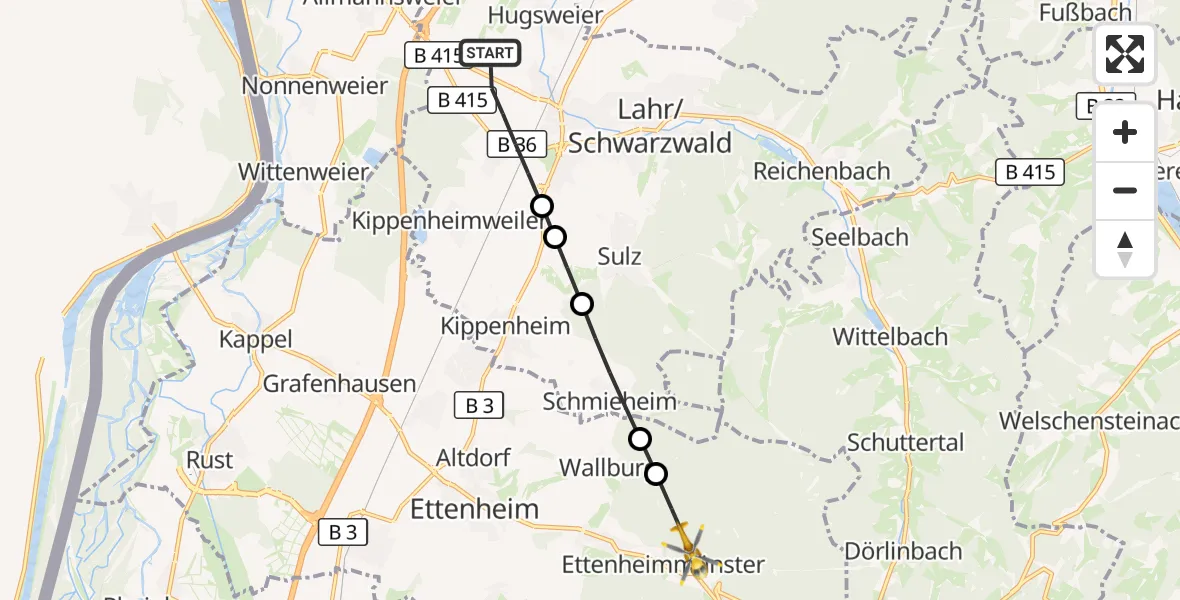 Flugroute Rettungshubschrauber Lahr/Schwarzwald - Ettenheim, 18 September 2026, 14:55