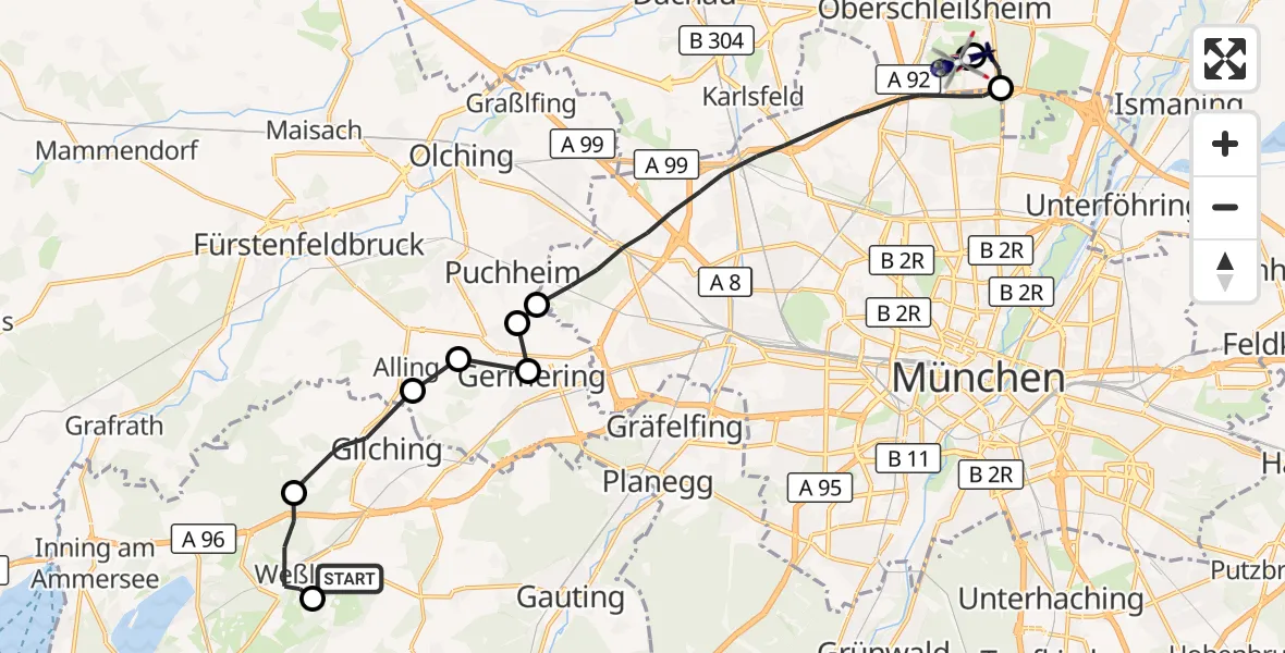 Flugroute Polizeihubschrauber Oberpfaffenhofen Flughafen - Oberschleissheim Hubschrauberlandeplatz, 18 September 2026, 14:55