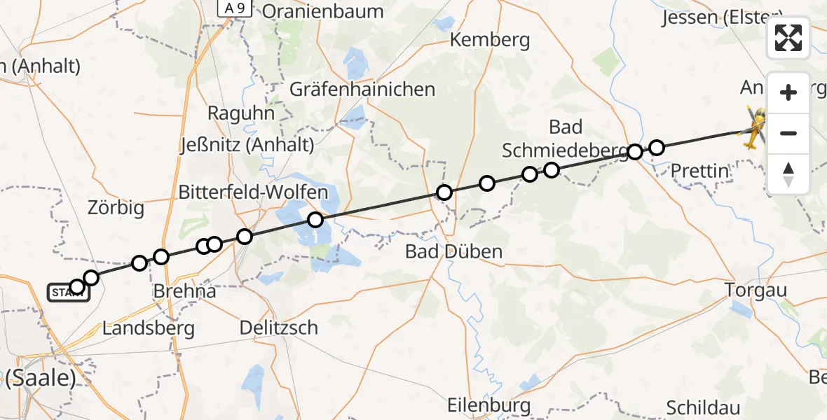 Flugroute Rettungshubschrauber Landsberg - Annaburg, 18 September 2026, 14:57