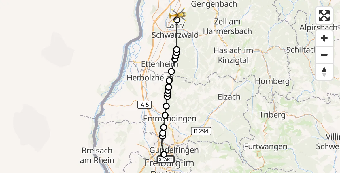 Flugroute Ambulanzhubschrauber Freiburg im Breisgau Flugplatz - Friesenheim, 18 September 2026, 15:05