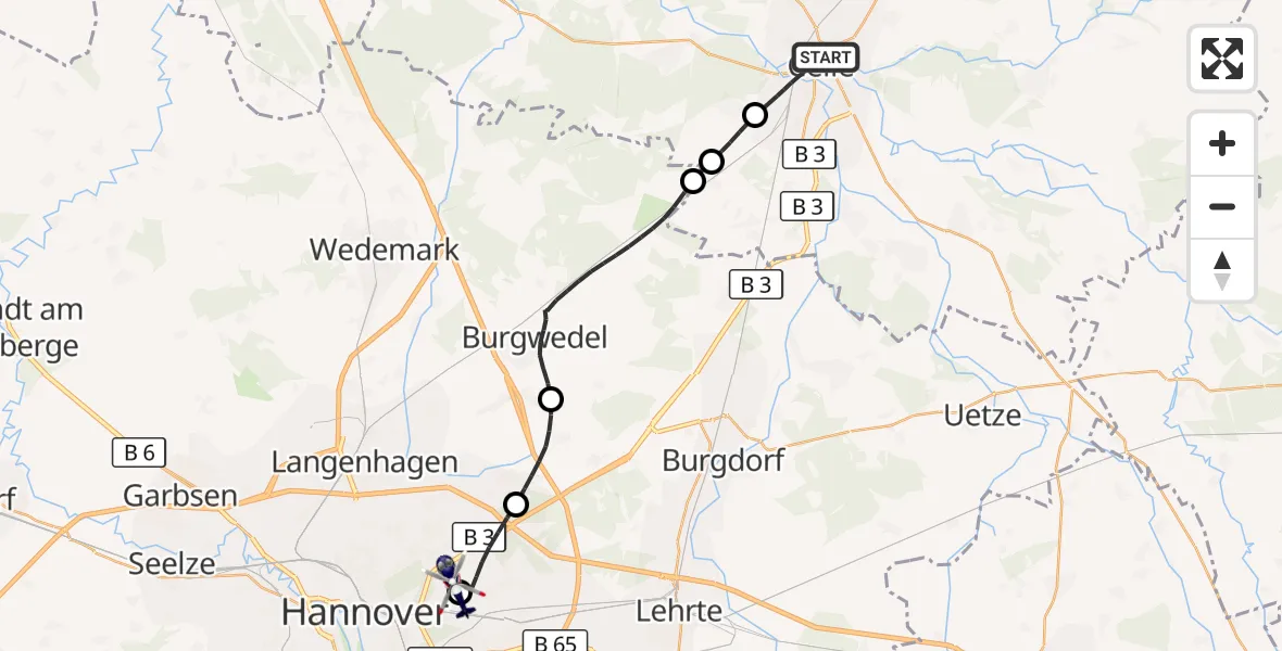 Flugroute Polizeihubschrauber Celle - Hannover Luftrettung Hubschrauberlandeplatz (Christoph 4), 18 September 2026, 15:15
