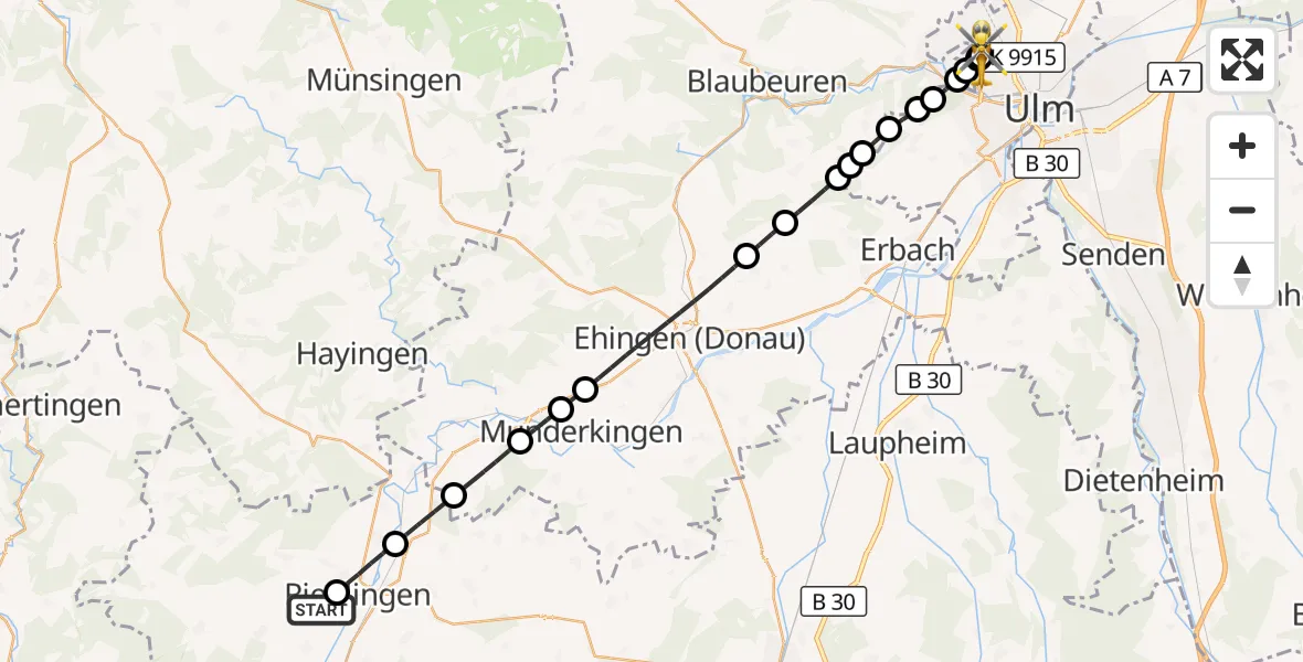 Flugroute Rettungshubschrauber Altheim - Ulm Military Hospital Emergency, 18 September 2026, 15:18