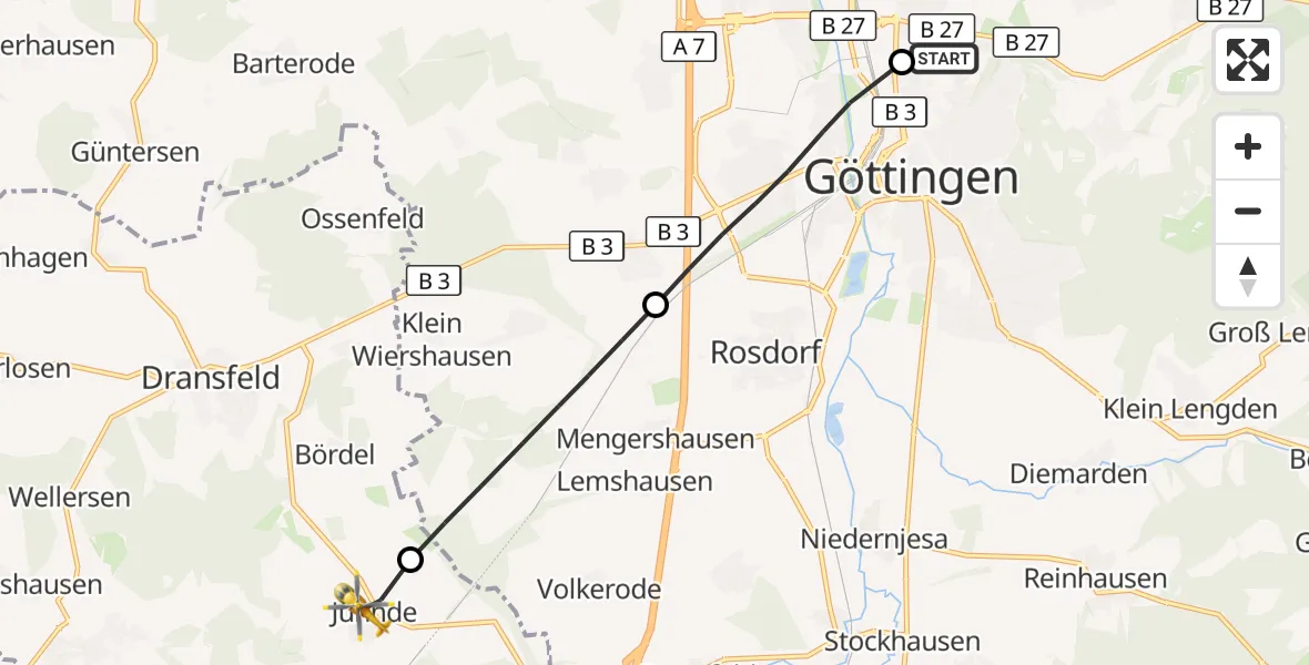 Flugroute Rettungshubschrauber Göttingen University Clinic Hubschrauberlandeplatz - Jühnde, 18 September 2026, 15:19