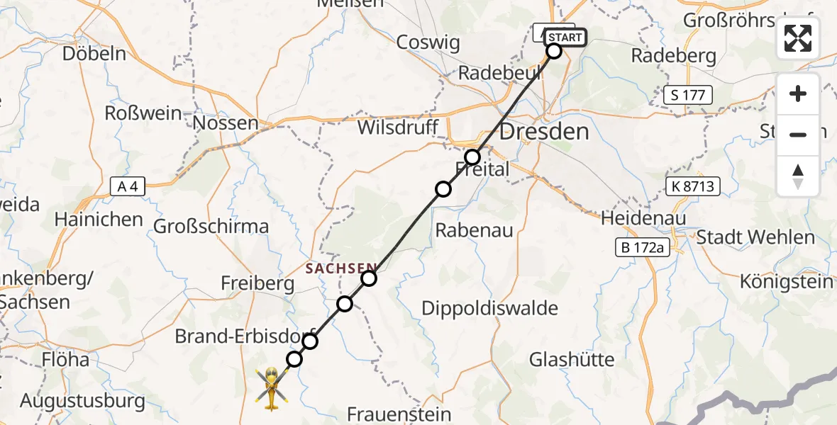 Flugroute Rettungshubschrauber Dresden Flughafen - Lichtenberg/Erzgeb., 18 September 2026, 15:23
