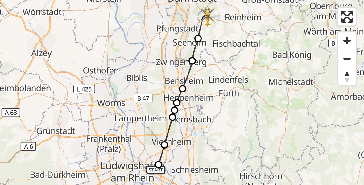 Flugroute Rettungshubschrauber Mannheim-City Flughafen - Mühltal, 18 September 2026, 15:26