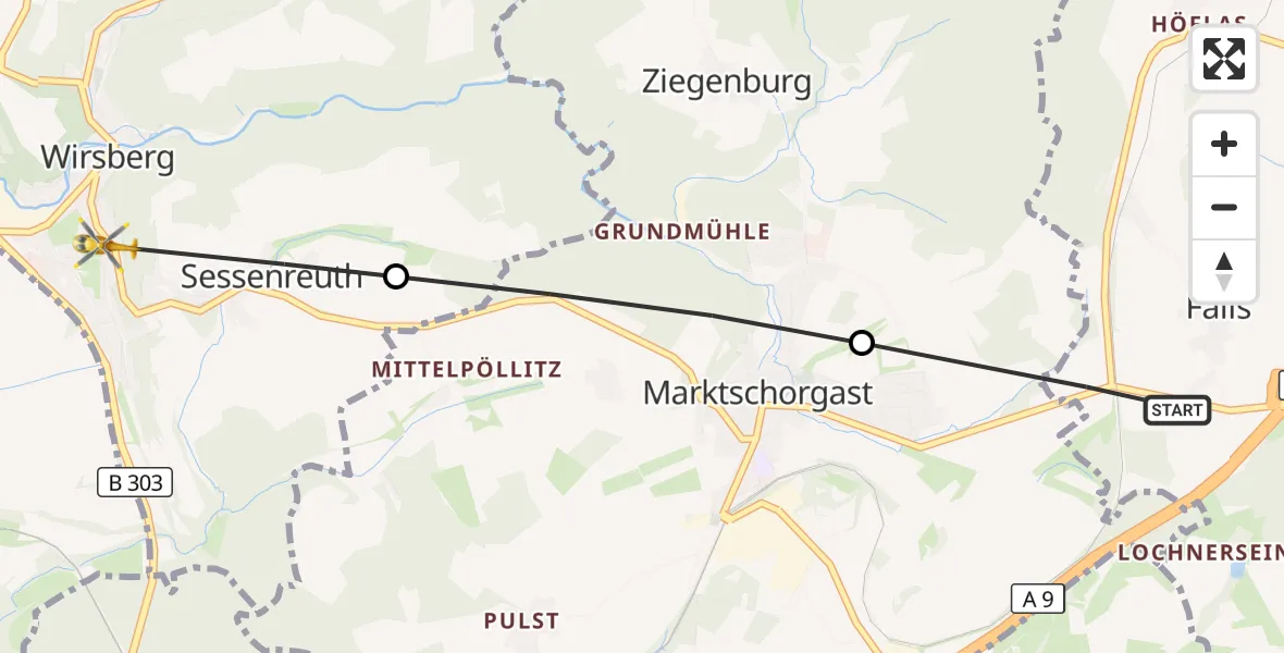 Flugroute Ambulanzhubschrauber Gefrees - Wirsberg, 18 September 2026, 15:27