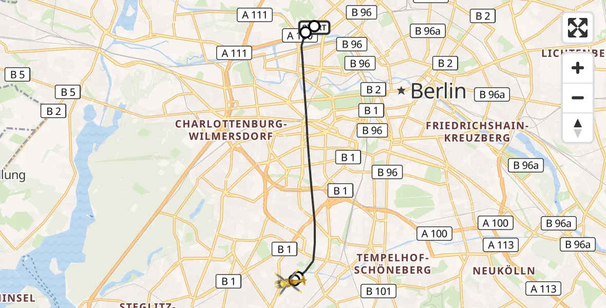 Flugroute Rettungshubschrauber Charité Clinic Virchow Campus - Charité Clinic Benjamin Franklin Campus, 18 September 2026, 15:29