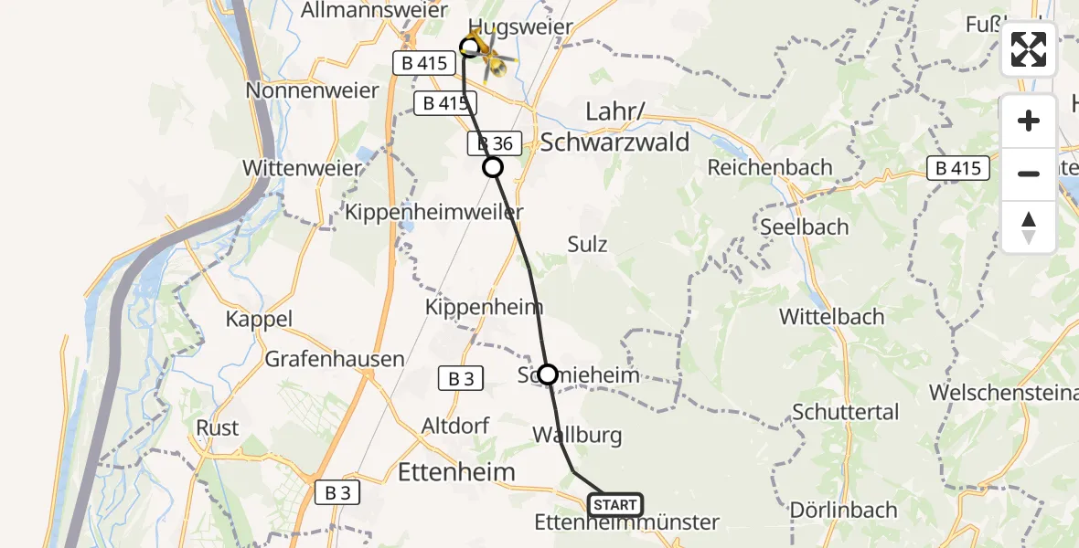 Flugroute Rettungshubschrauber Ettenheim - Lahr Flughafen, 18 September 2026, 15:40