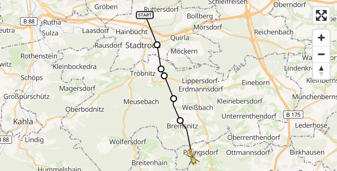 Flugroute Rettungshubschrauber Ruttersdorf-Lotschen - Triptis, 18 September 2026, 15:45