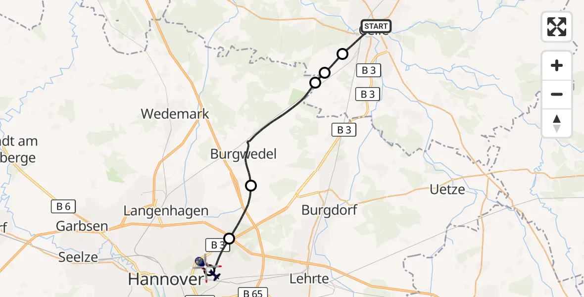 Flugroute Polizeihubschrauber Celle - Hannover Luftrettung Hubschrauberlandeplatz (Christoph 4), 18 September 2026, 15:47