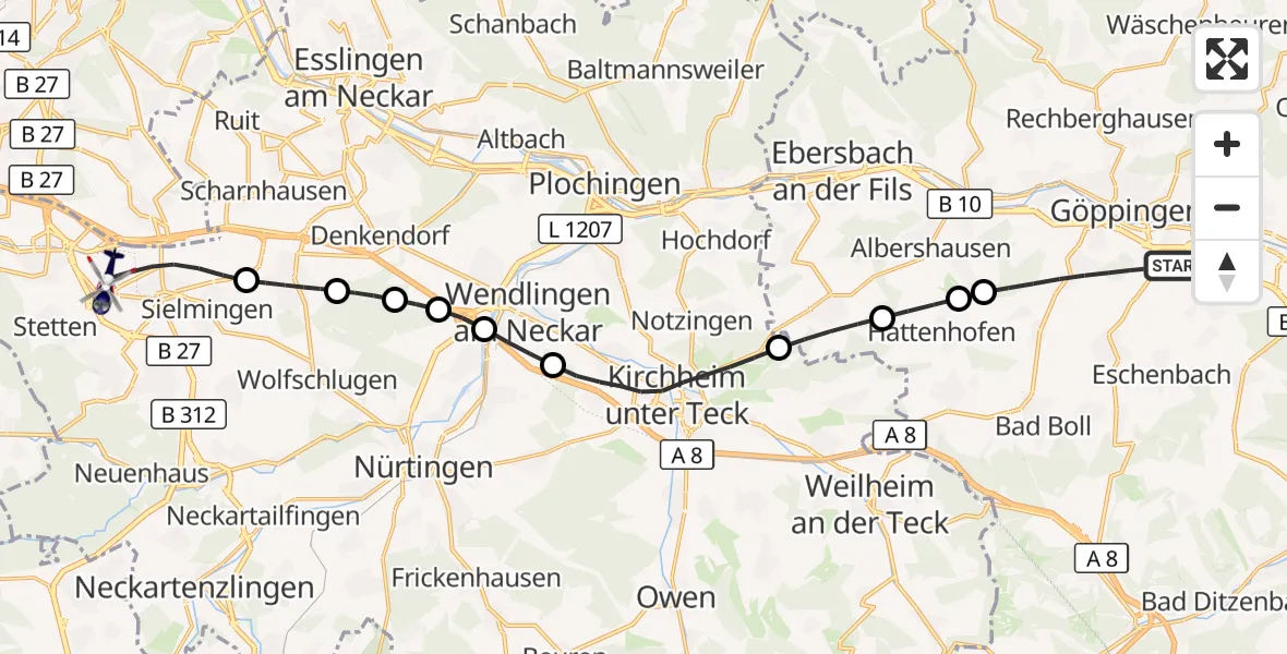 Flugroute Polizeihubschrauber Göppingen - Flughafen Stuttgart, 18 September 2026, 16:00